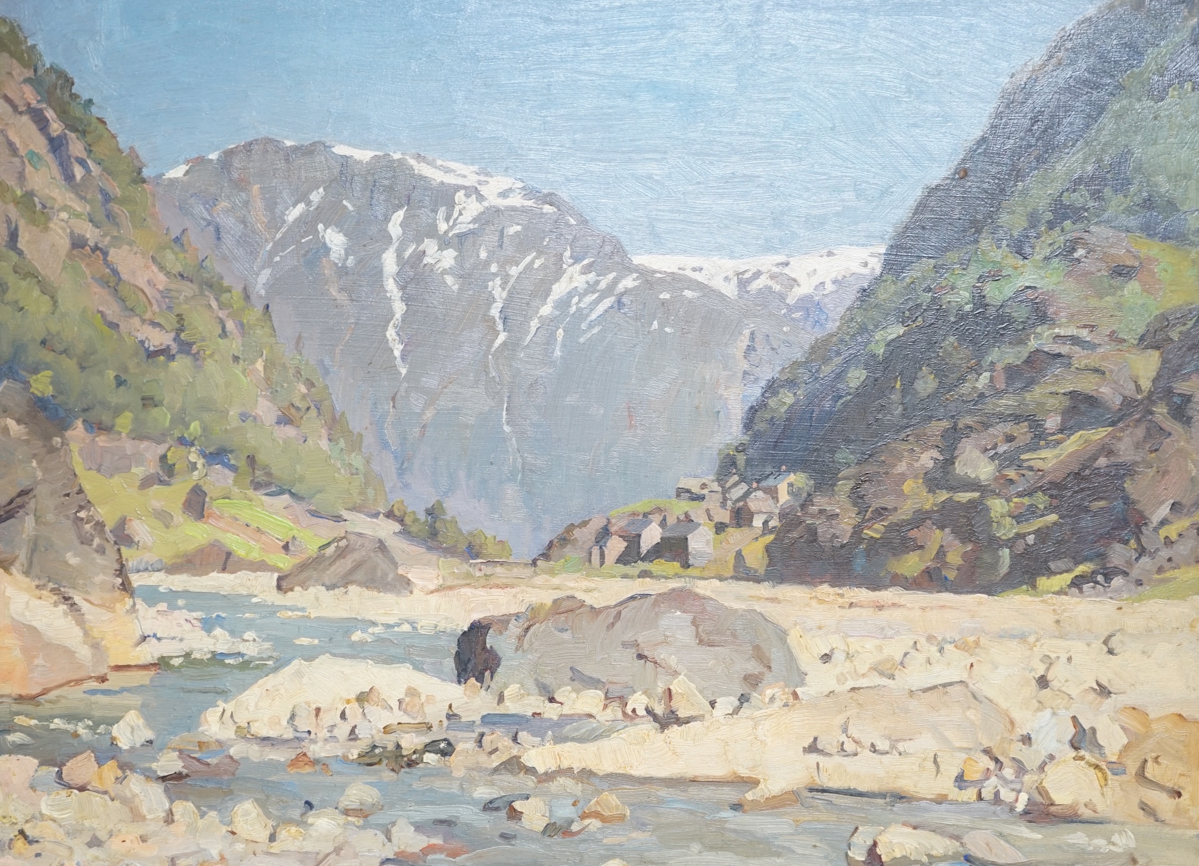 Herbert Kerr Rooke (1872-1944), oil on board, Norwegian village before mountains, signed with monogram, inscribed verso, 29 x 39cm. Condition - good